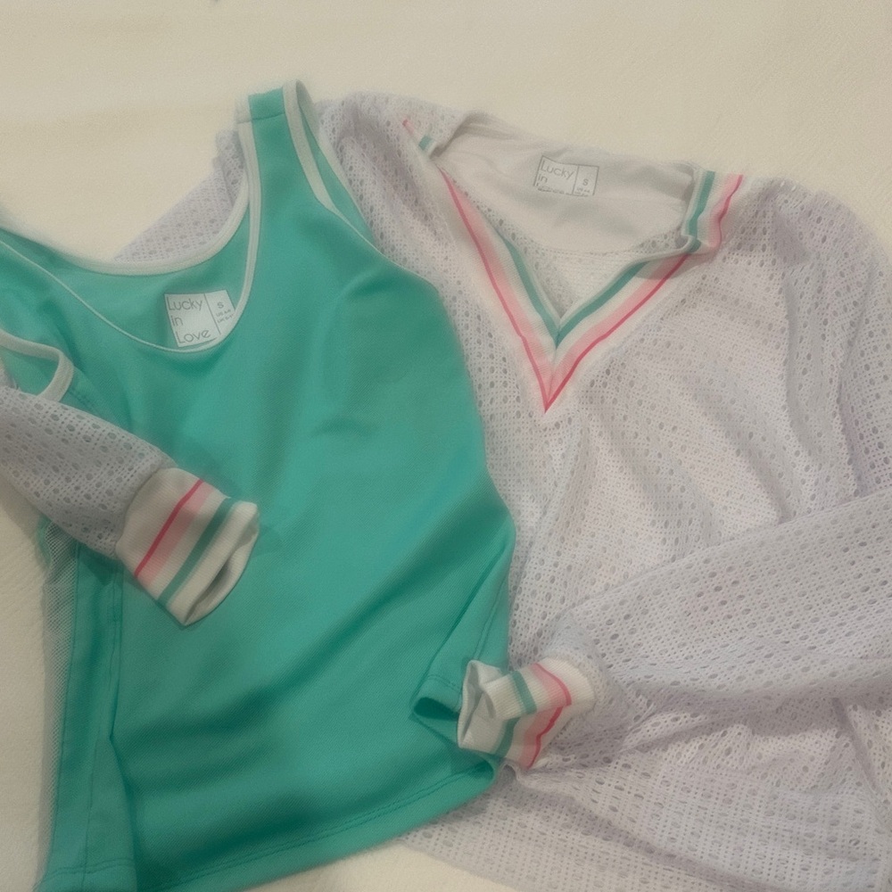 Lucky in Love Teal and White Tank Top and holed sweatshirt